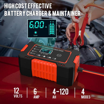 Smart 12V 6A Charger: Auto trickle maintainer with desulfation mode.