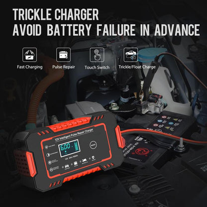 Smart 12V 6A Charger: Auto trickle maintainer with desulfation mode.