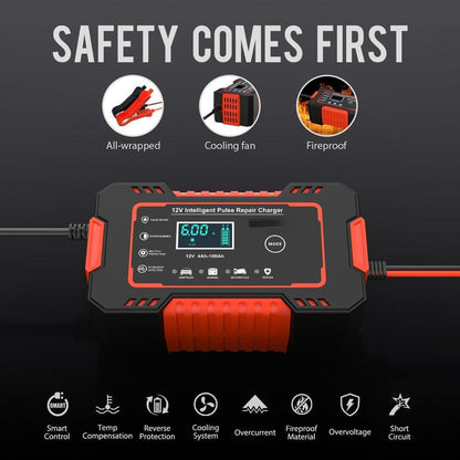 Smart 12V 6A Charger: Auto trickle maintainer with desulfation mode.